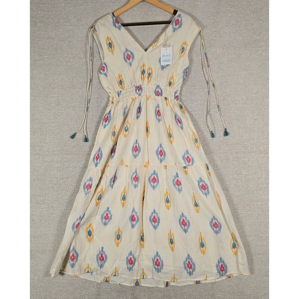 Mer St. Barth Noemie Shoulder Tie Maxi Dress Gold Blue Ikat Small NWT